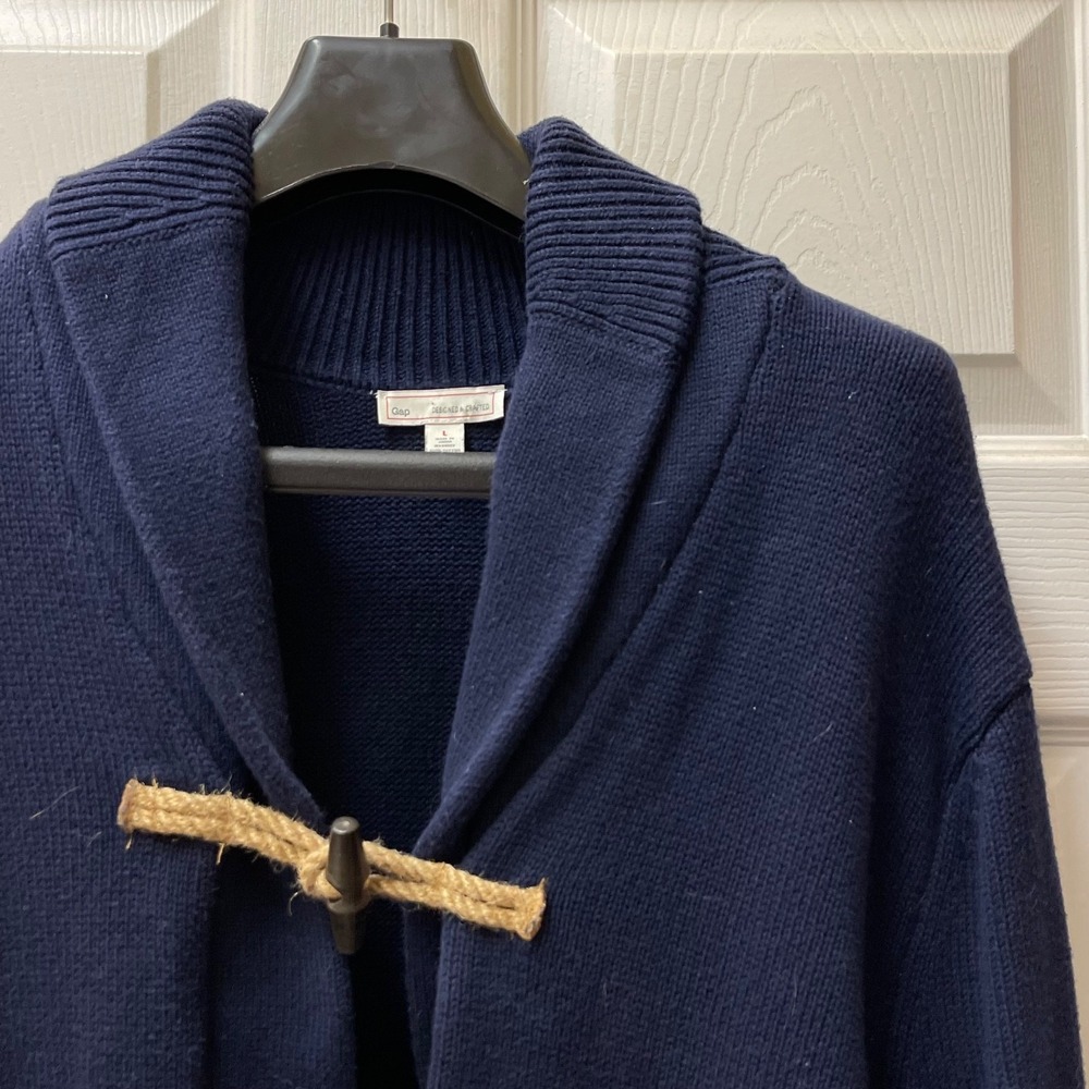 Gap Men's Size Large Navy Blue Cream Stripe Shawl Collar Toggle Cardigan Sweater